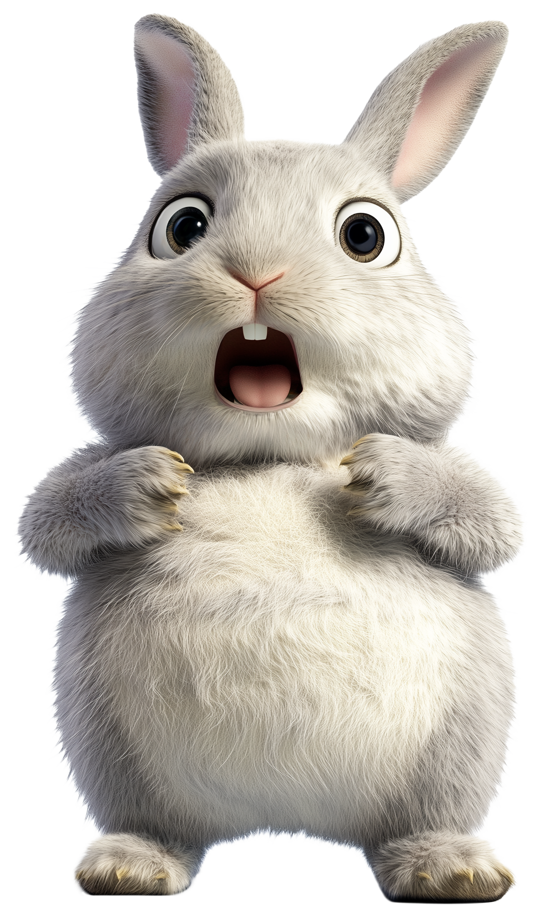 Fluffy white rabbit with wide eyes, open mouth, and raised paws in a surprised pose.