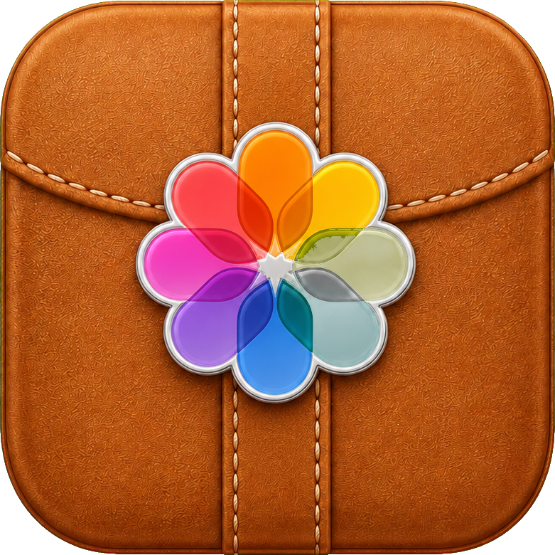 Caramel leather app icon with stitched edges and a colorful flower symbol