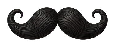 Black curled mustache with upward curled ends on both sides