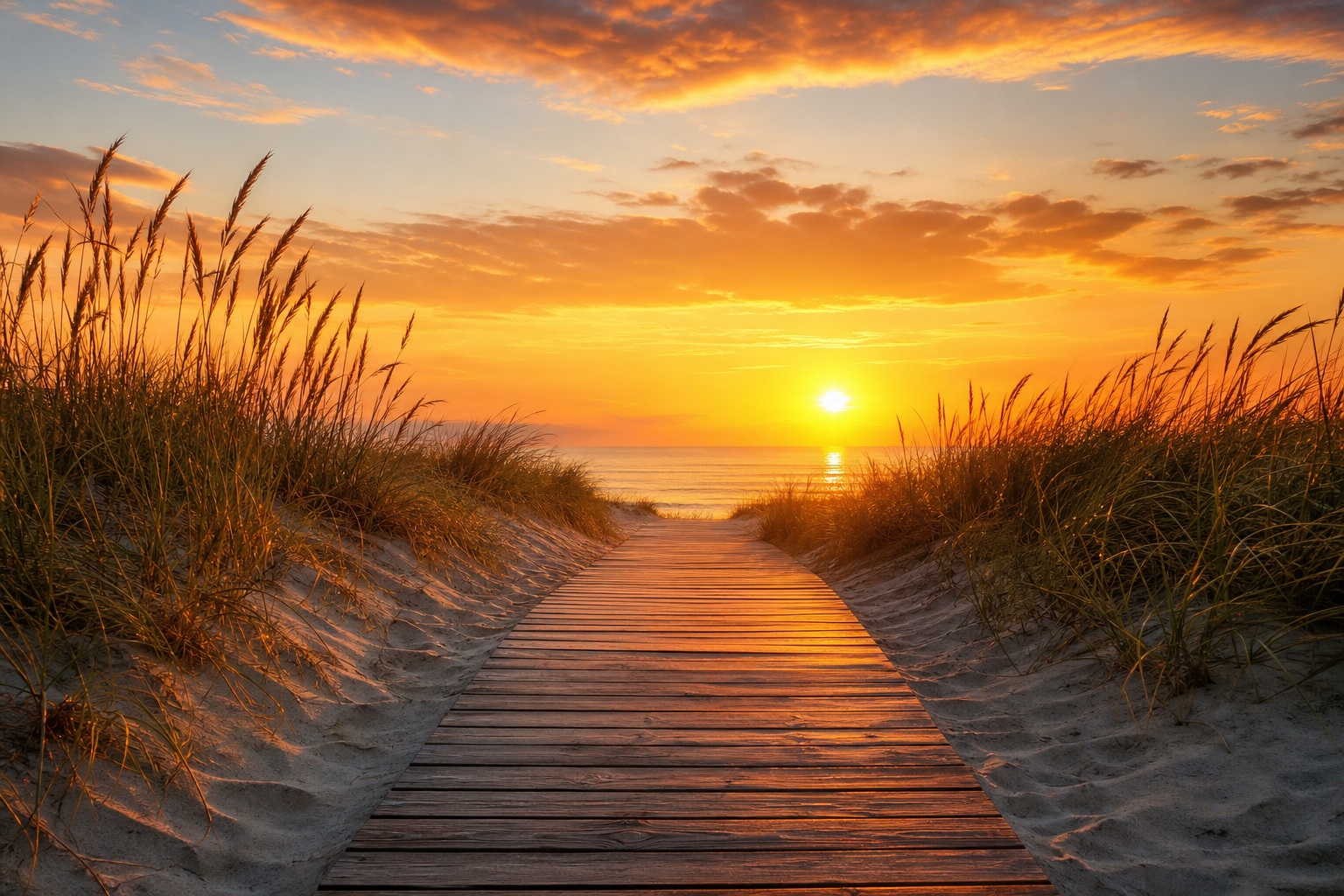 Wooden boardwalk leading through beach dunes toward a glowing sunset over the water.