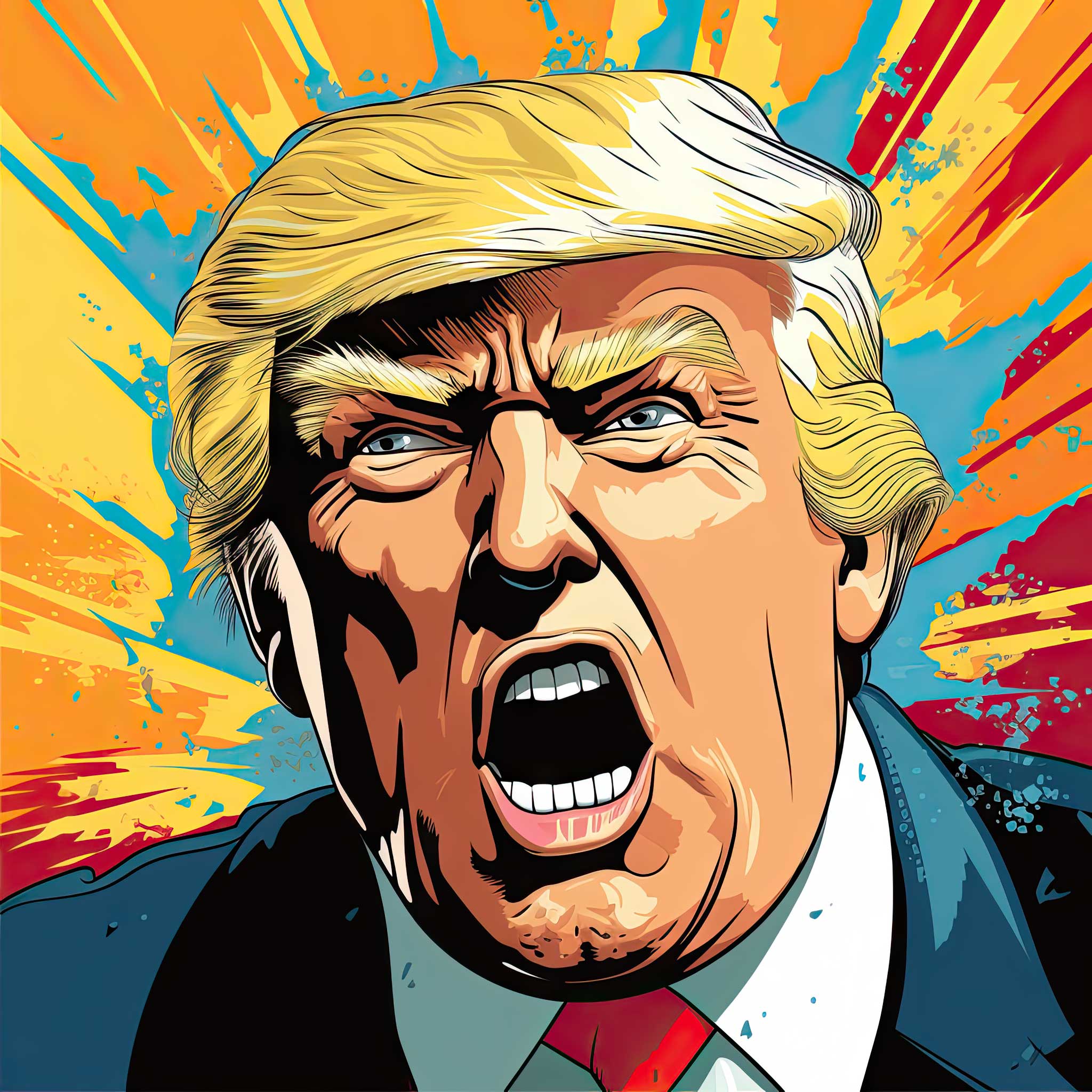 Pop art portrait of Donald Trump with an open mouth and colorful burst background.