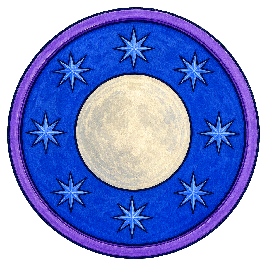 Blue celestial drum with a pale moon center and stars around the edge