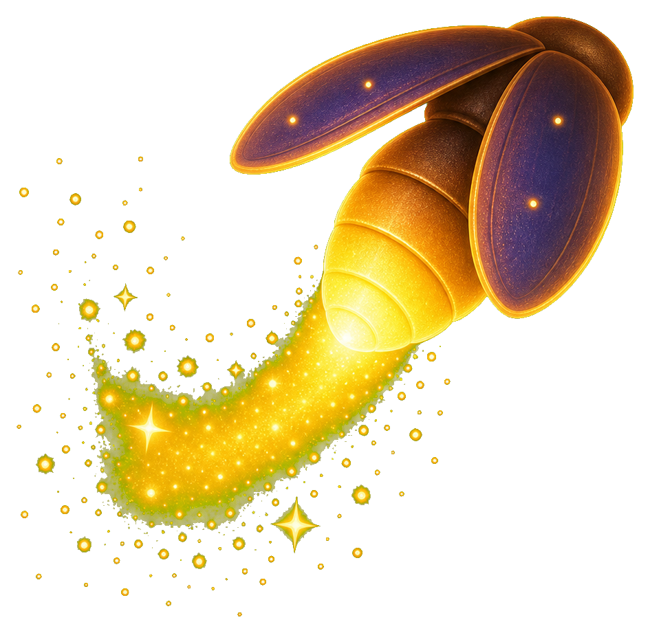 Glowing firefly sticker with a sparkling yellow tail and dark wings