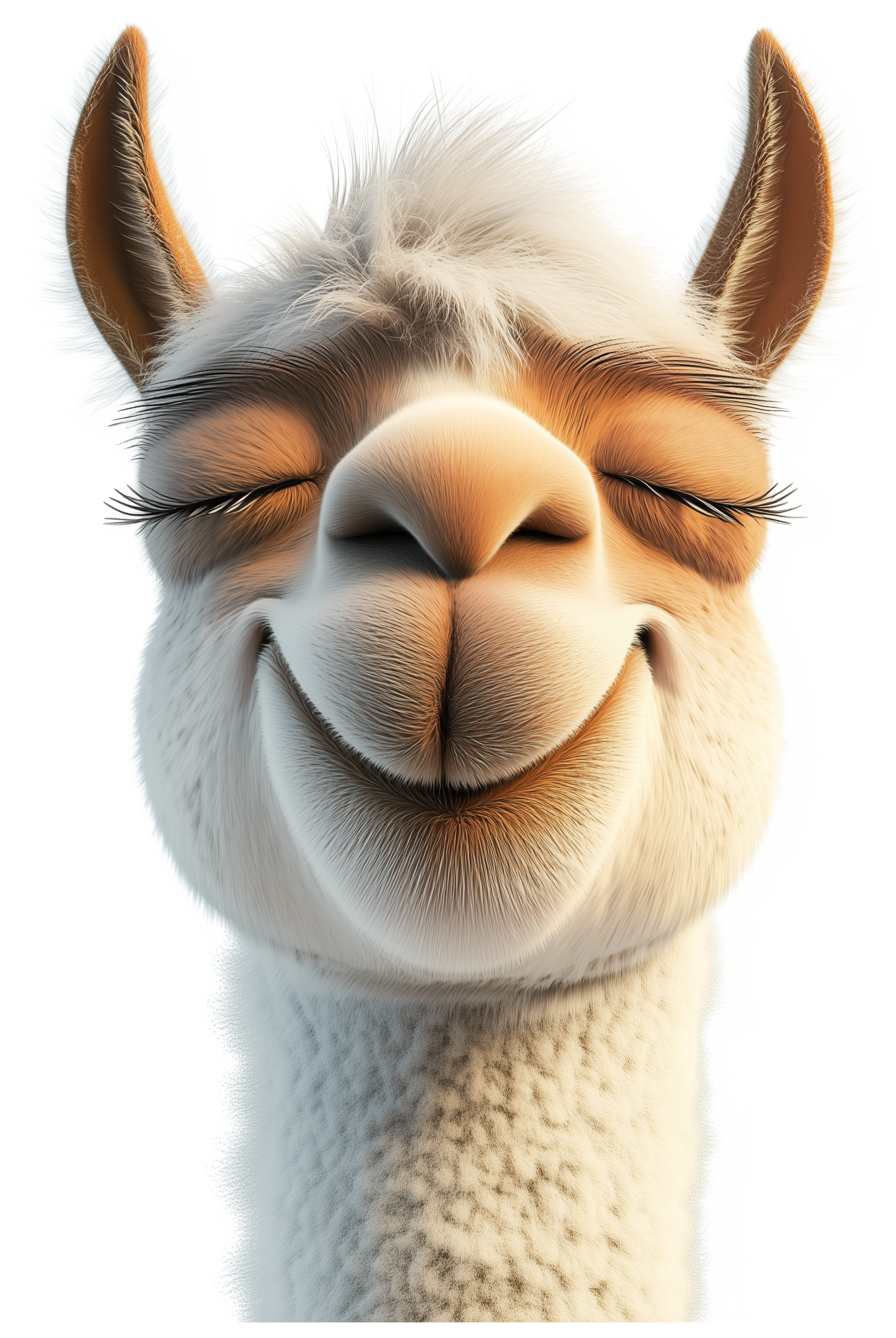 Cute 3D llama face with eyes closed and fluffy cream-colored fur