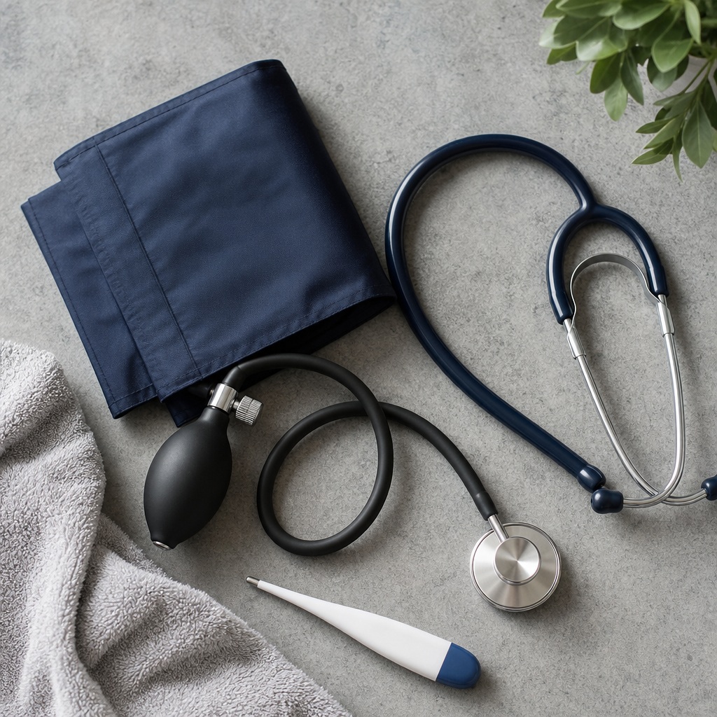 Flat lay of medical clinic tools on a gray surface with stethoscope, cuff, thermometer, and towel