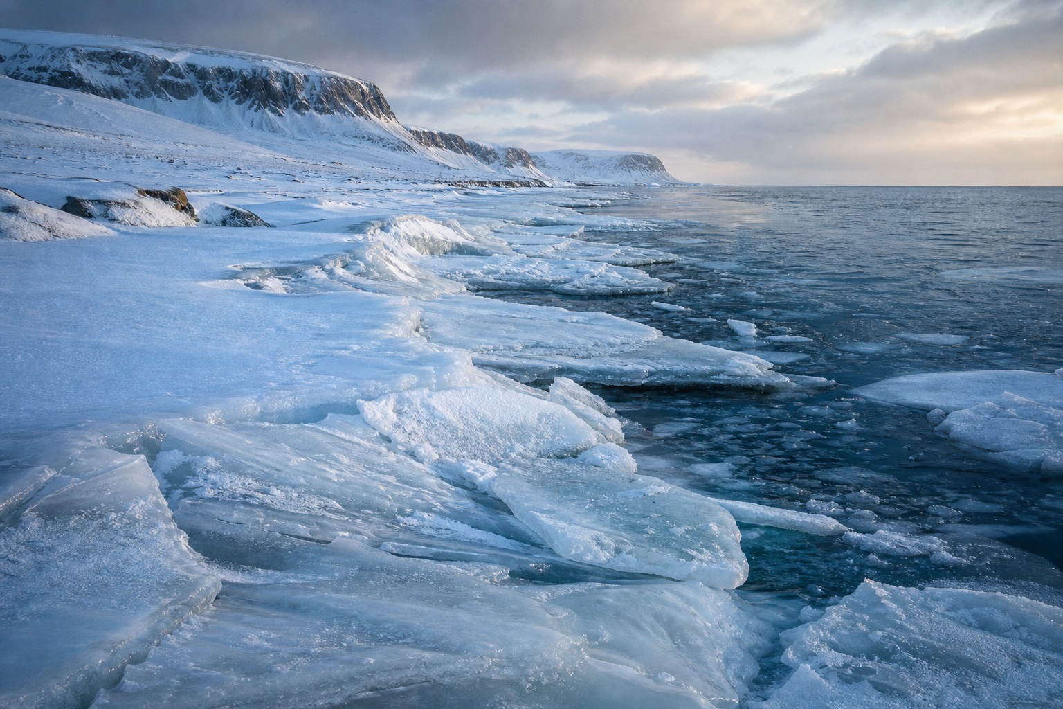 Frozen shoreline with icy water, snow-covered rocks, and an arctic coast under cloudy skies.