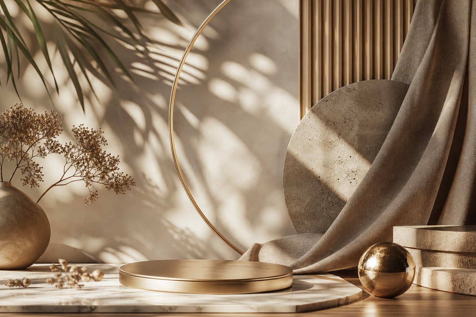 Minimal beige still life with dried branches, draped fabric, and reflective spheres