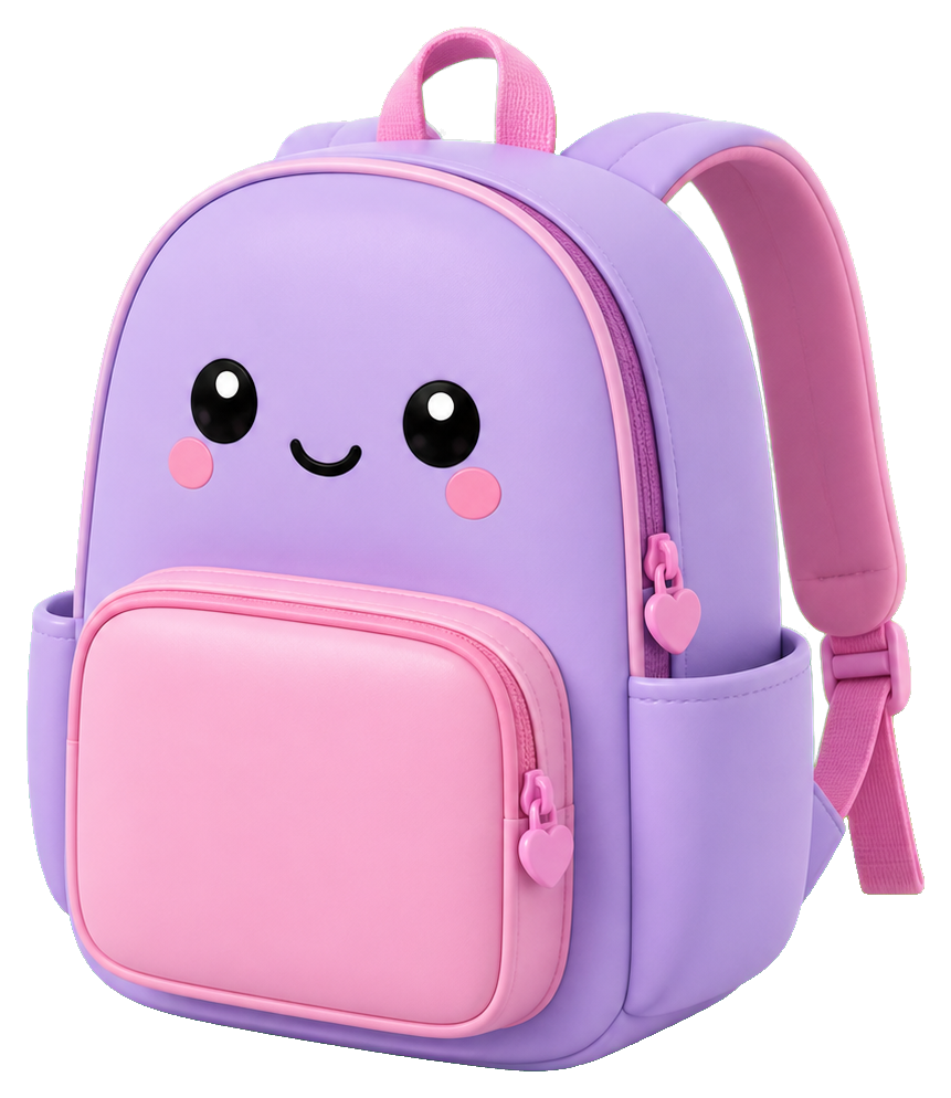 Cute pastel purple backpack with a pink front pocket and smiling face.