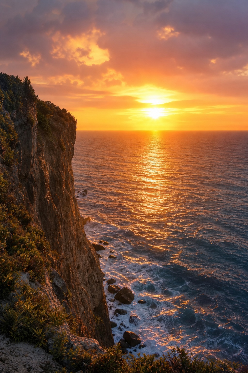 Golden sunset over the ocean beside a steep cliff with waves below