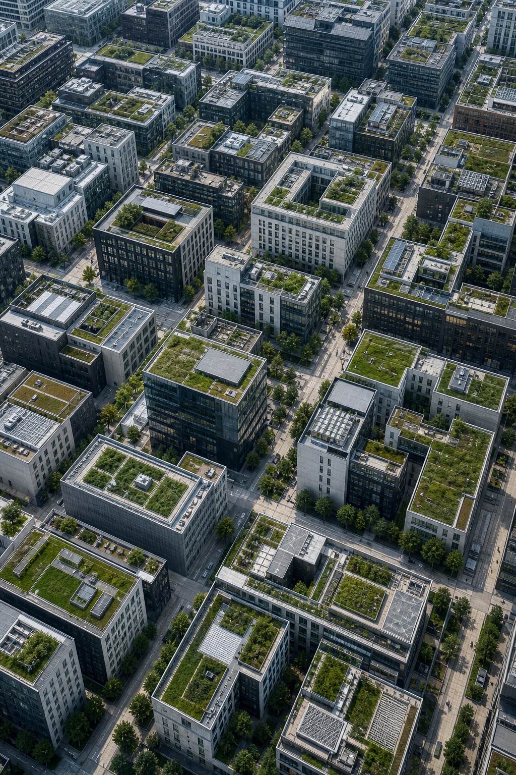Aerial view of a city block grid with buildings topped by green roofs