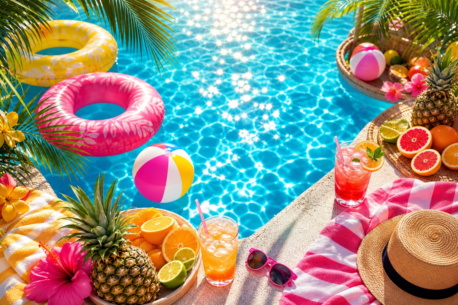 Bright tropical pool party scene with pool floats, fruit, and summer beach items