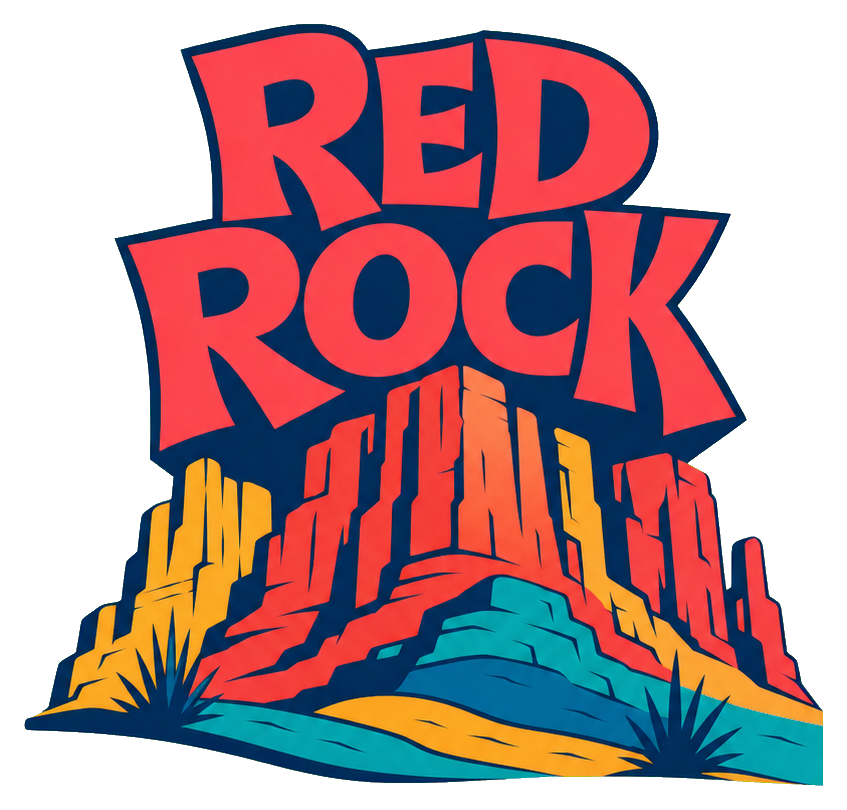 Retro red and orange Red Rock text above illustrated cliffs and desert colors.