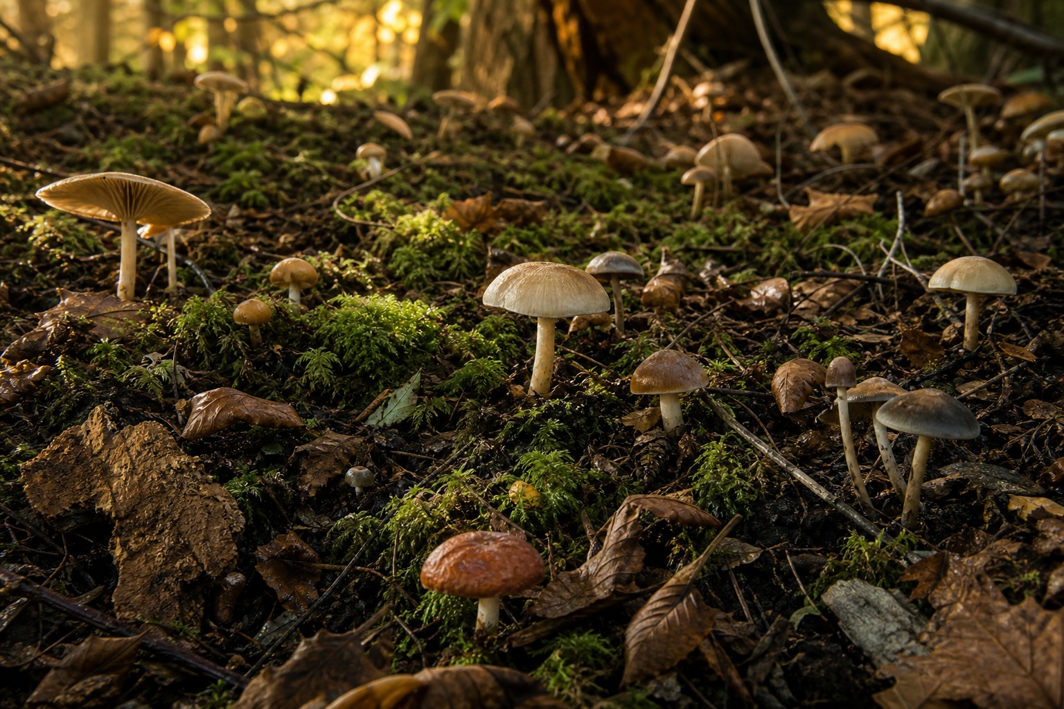 Preview for Warm Forest Light Mushroom Forest Floor Background