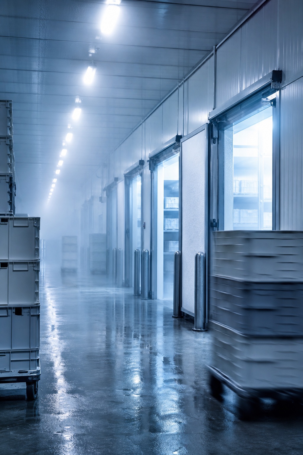 Blue-lit warehouse aisle with blurred pallets and reflective floor