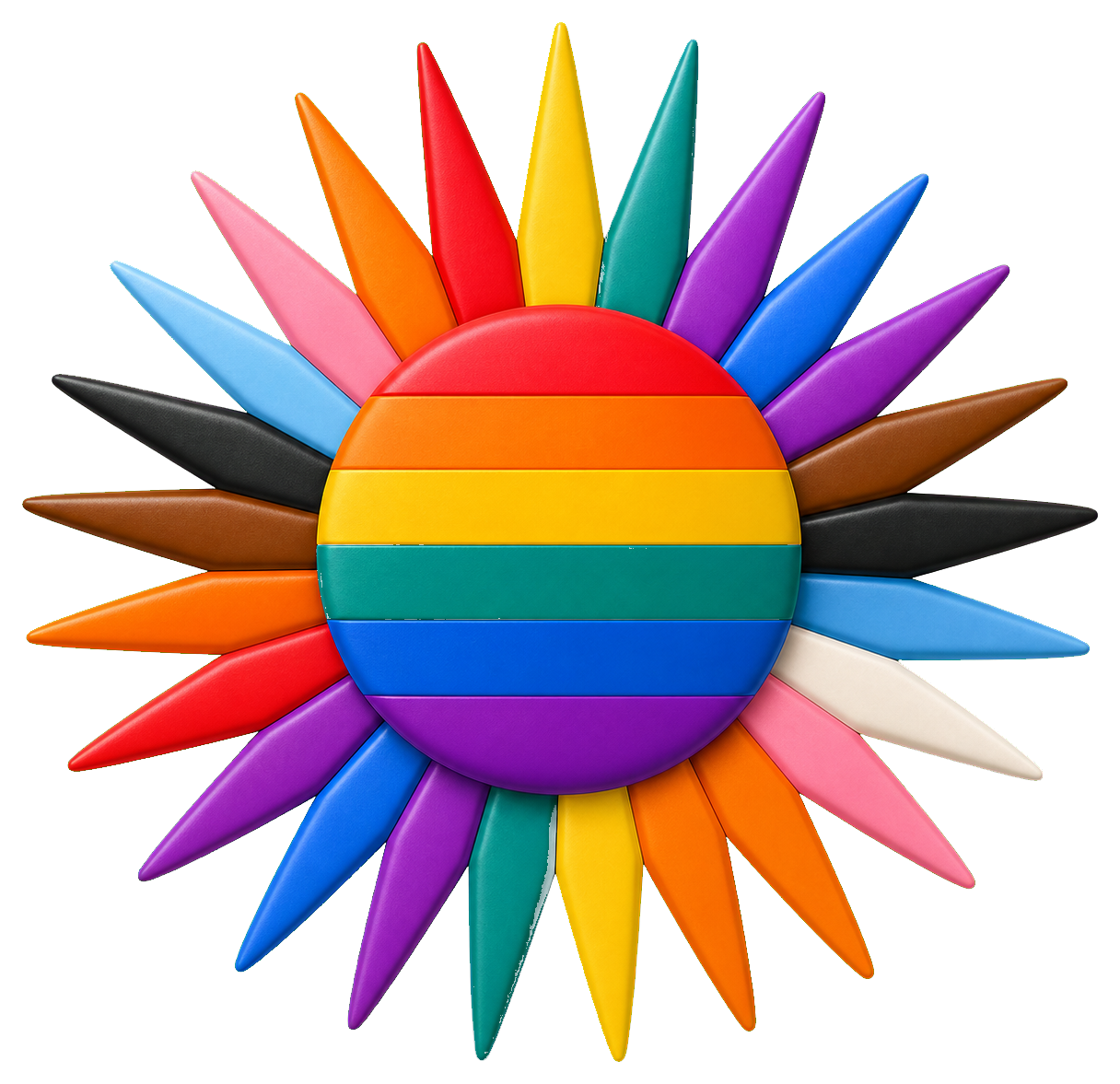 Colorful rainbow sunburst with pointed rays around a circular pride center