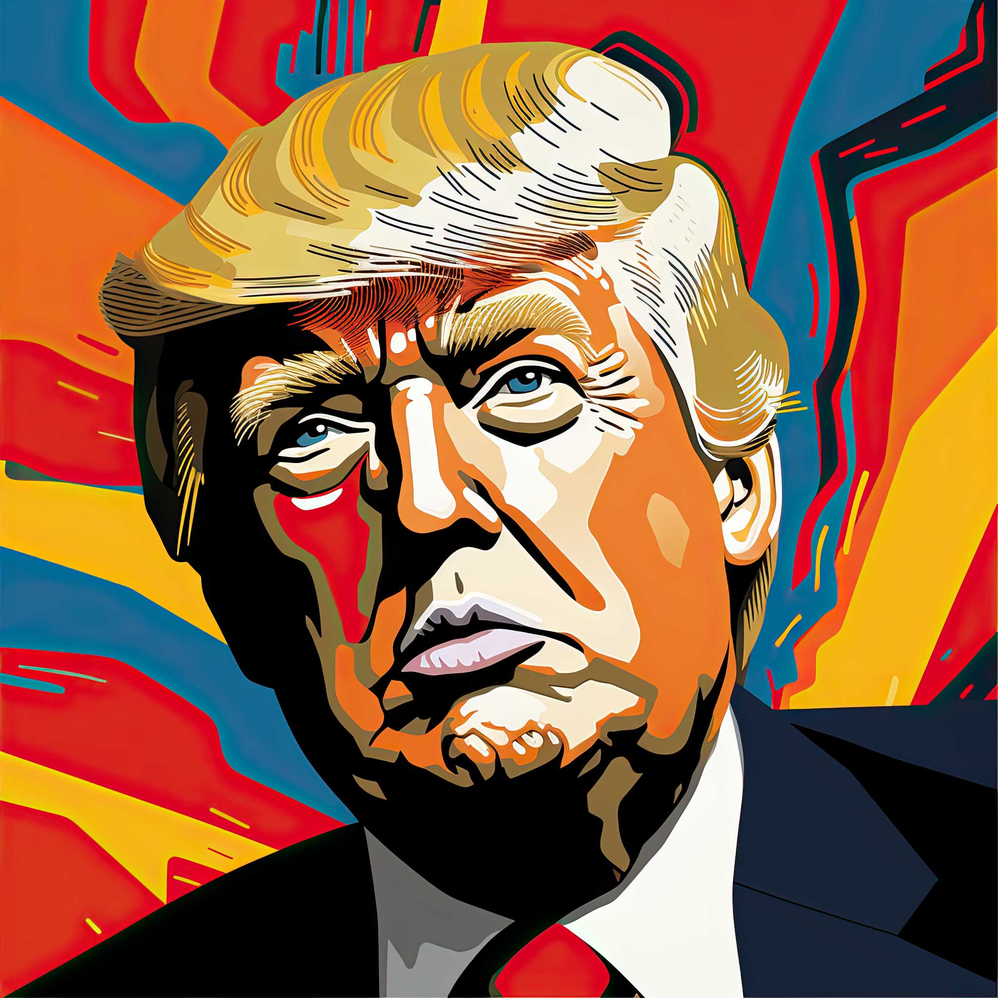 Pop art portrait of Donald Trump with bold red, yellow, blue, and black shapes.