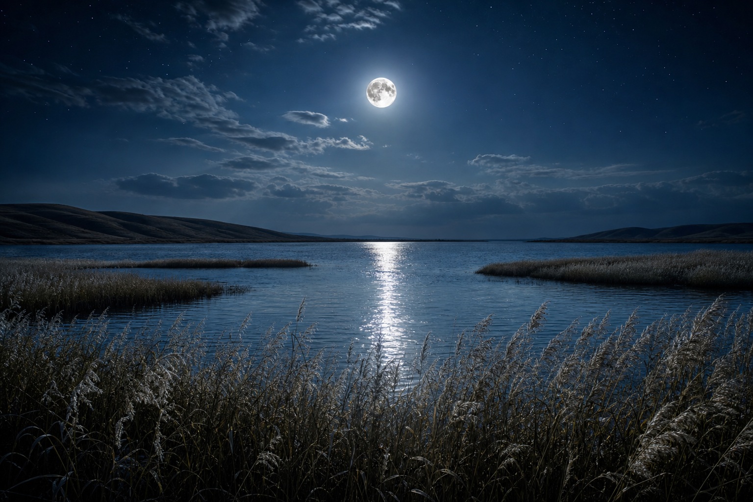 Preview for Moonlit Shoreline Reed Marsh Stock Background