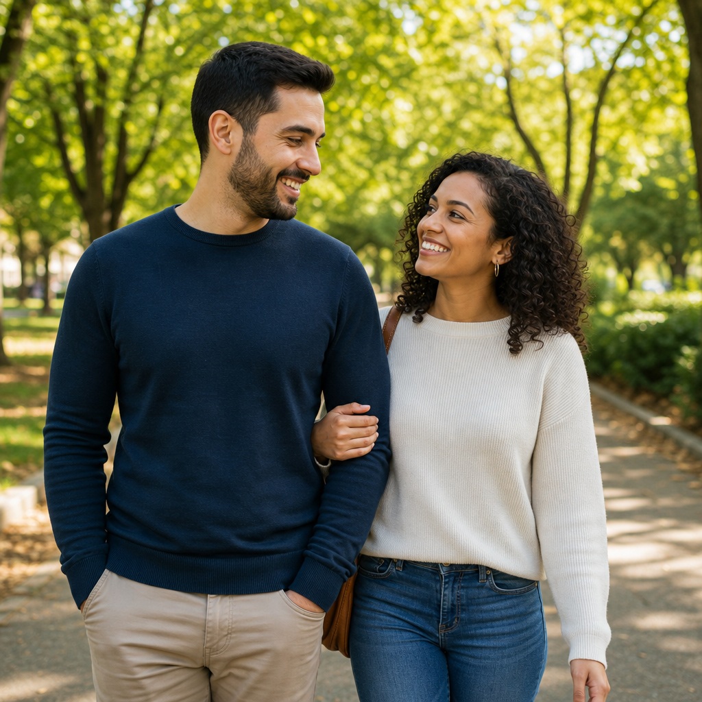 Smiling couple walking together in a park path outdoors