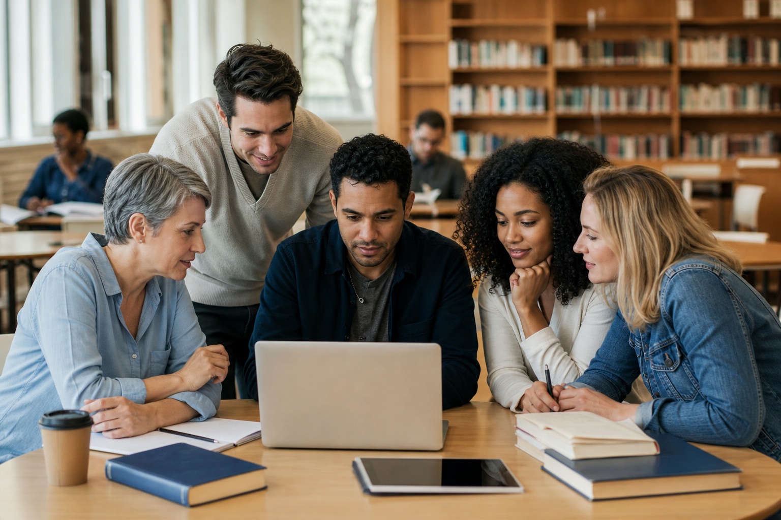 Group of students gathered around a laptop in a library with bookshelves behind them