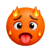 Orange hot face emoji with flames, sweat drops, and tongue out expression.