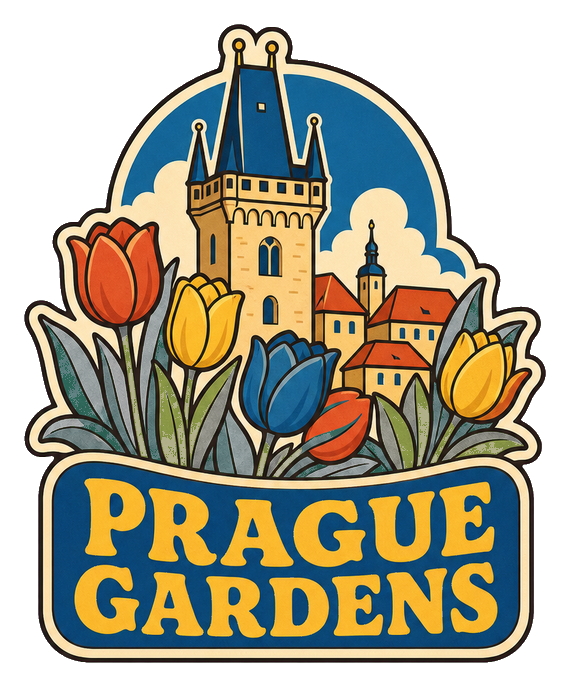 Retro sticker showing Prague Gardens text, a castle, houses, and colorful tulips.