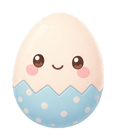 Cute smiling egg with rosy cheeks sitting in a blue cracked eggshell.