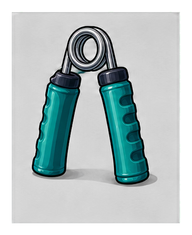 Teal hand grip trainer with black handles on a dark background.