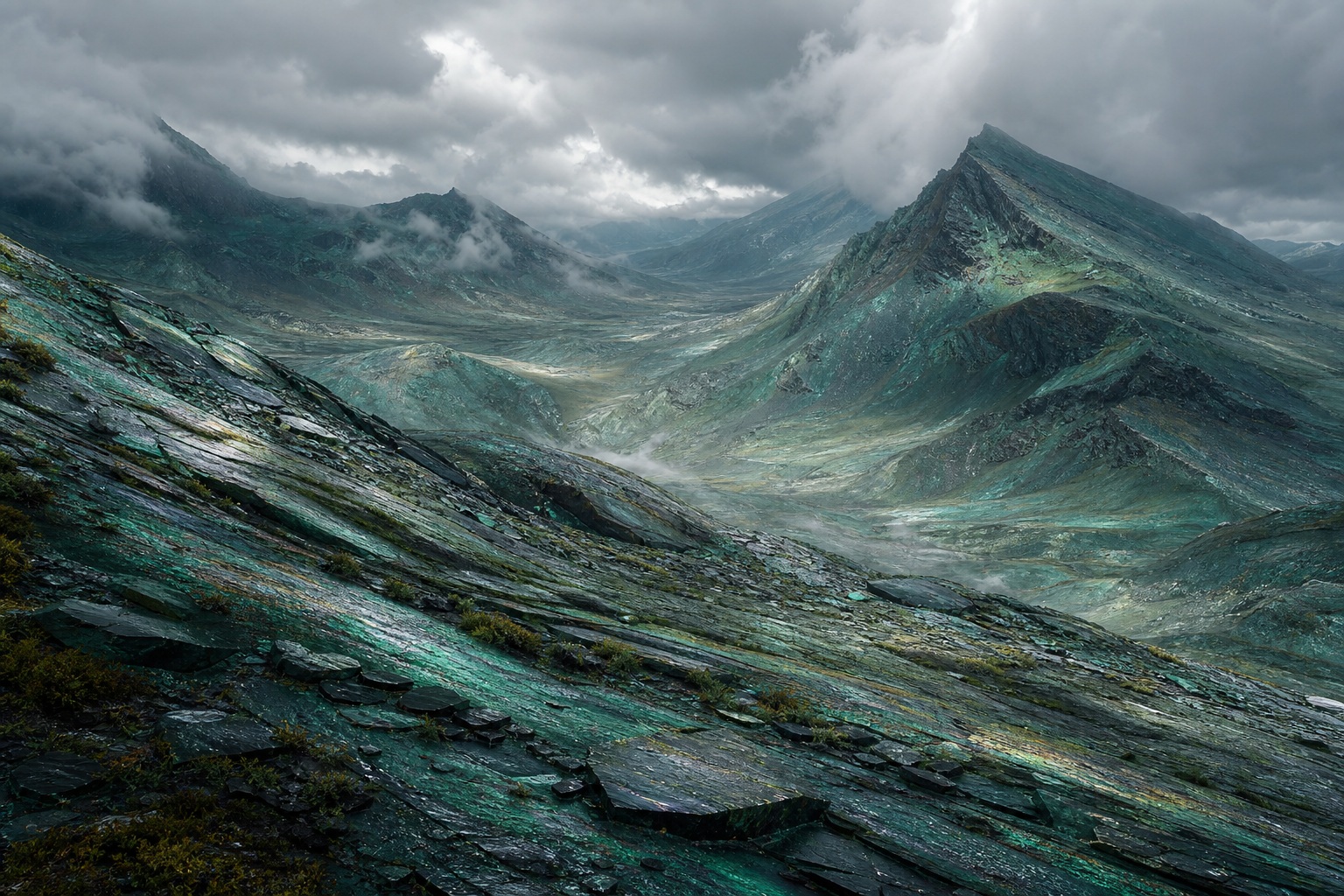 Futuristic mountain landscape with jade-toned shale slopes and misty peaks under a stormy sky.