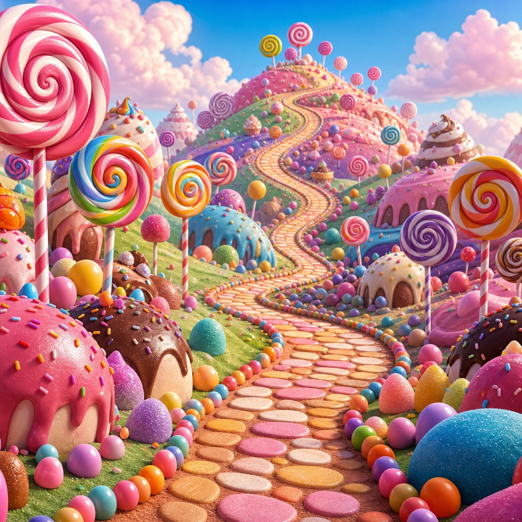 Colorful candy landscape with lollipop hills, a winding path, and sweet cartoon details.