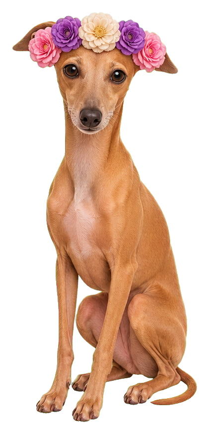 Italian greyhound sitting with a colorful flower crown on its head.