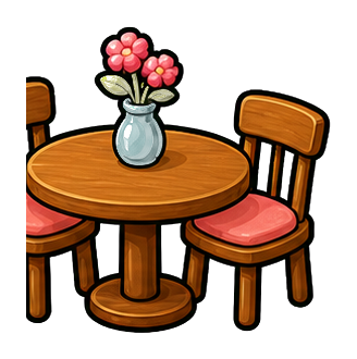 Tiny dining table with two chairs and a vase of pink flowers