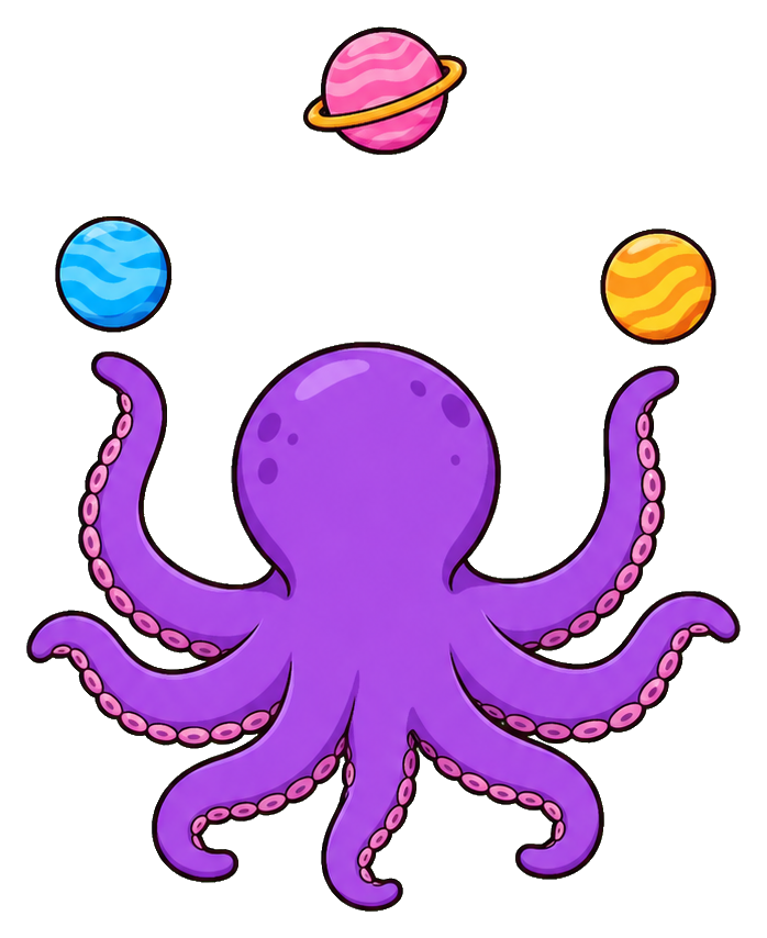 Purple octopus juggling three colorful balls with raised tentacles
