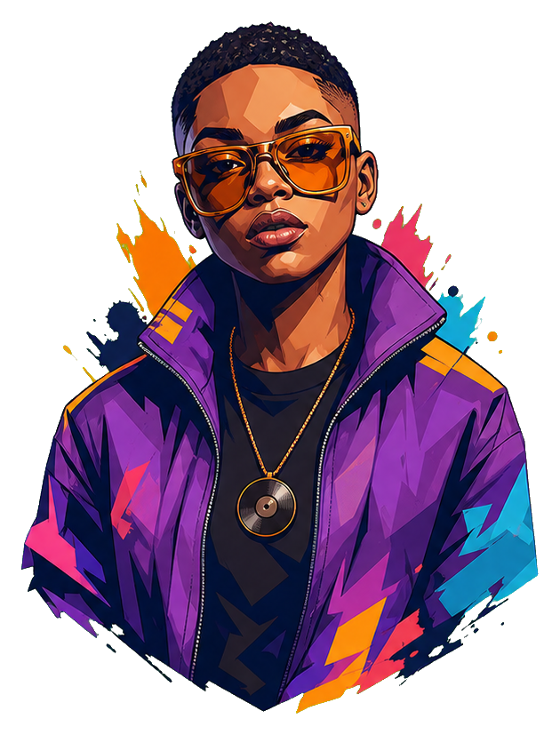 Colorful hip hop portrait wearing sunglasses, a purple jacket, and a record pendant.