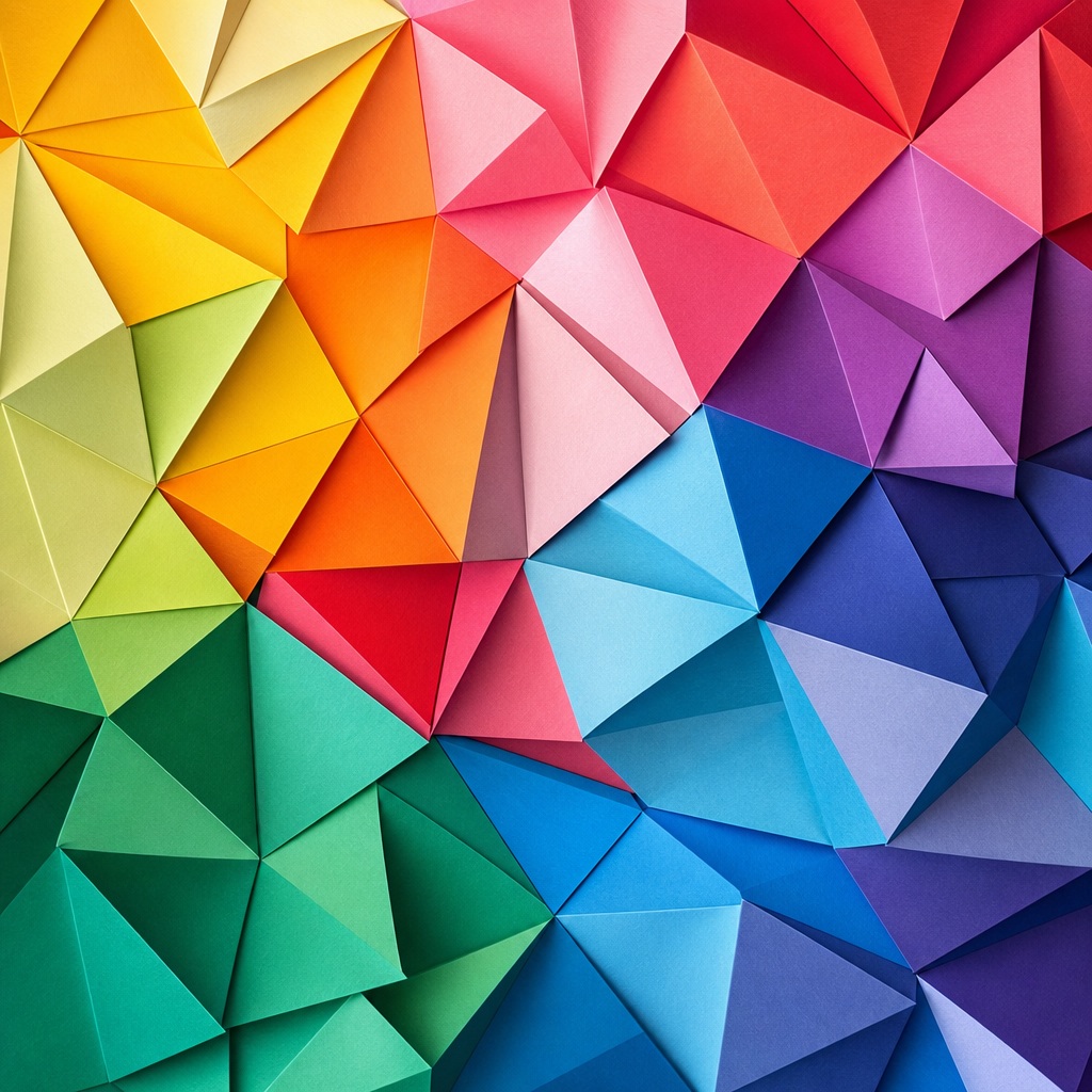 Colorful folded paper geometric pattern with faceted triangles and shadowed origami tiles