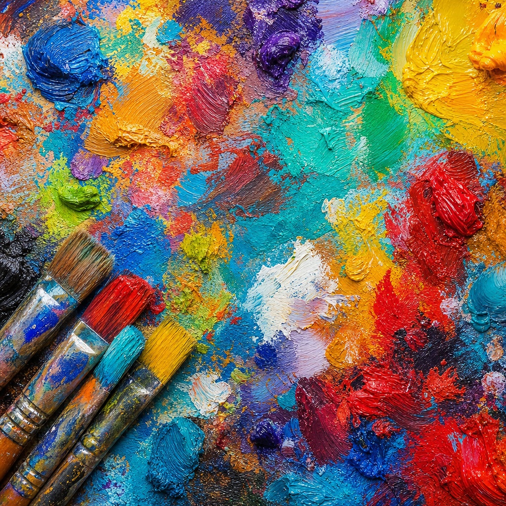 Bright square paint smear texture with layered colorful brush strokes and paintbrushes