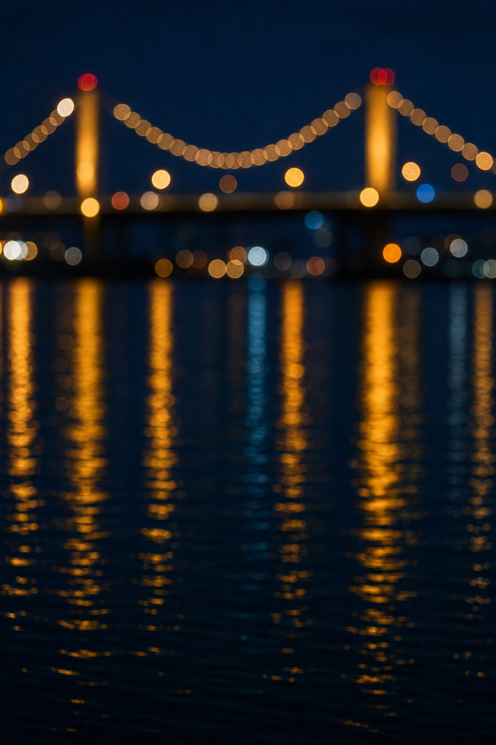 Blurred bridge lights reflecting on dark water at night with city bokeh.