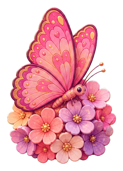 Pink butterfly resting over a cluster of pastel blossoms