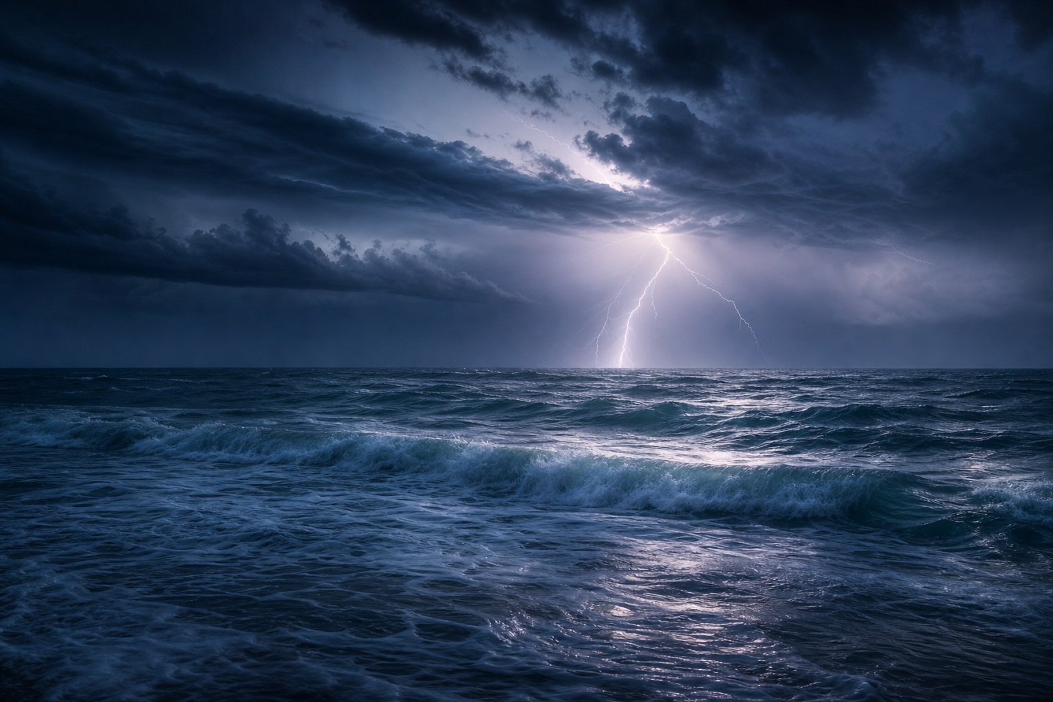 Lightning striking over a dark stormy ocean with glowing clouds and rough waves