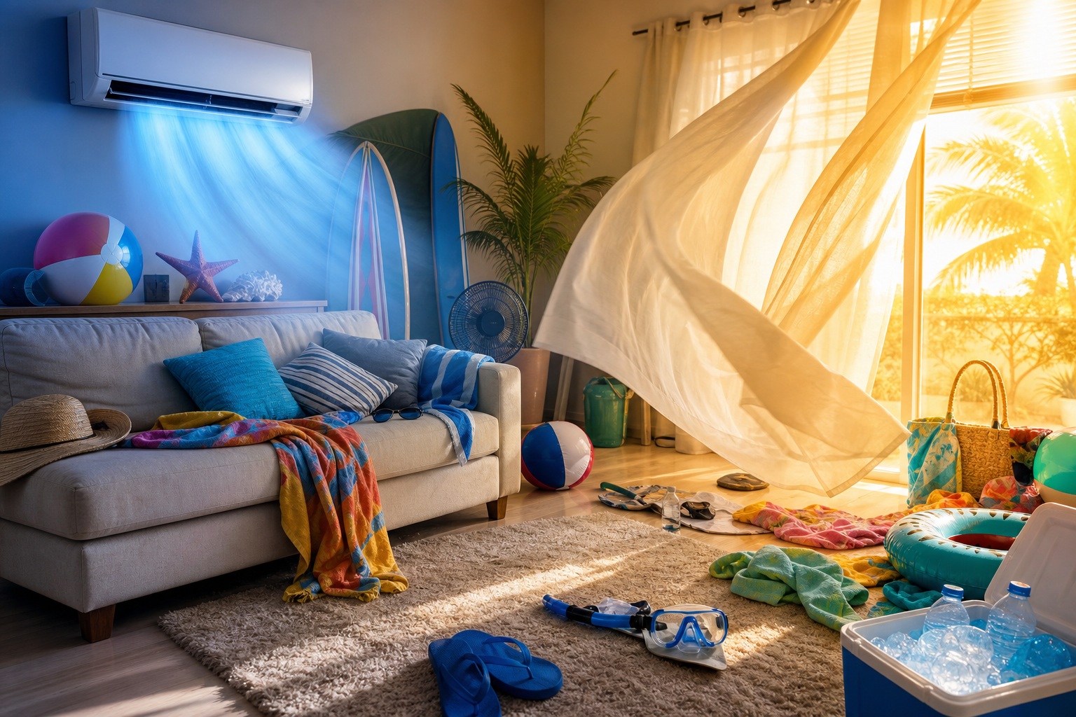 Bright living room with blue and warm sunlight, scattered items, and flowing curtains.