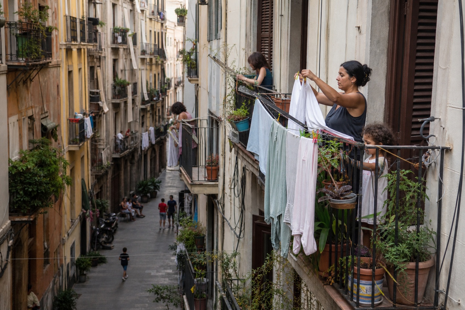 People on balconies hanging laundry along a narrow urban alleyway