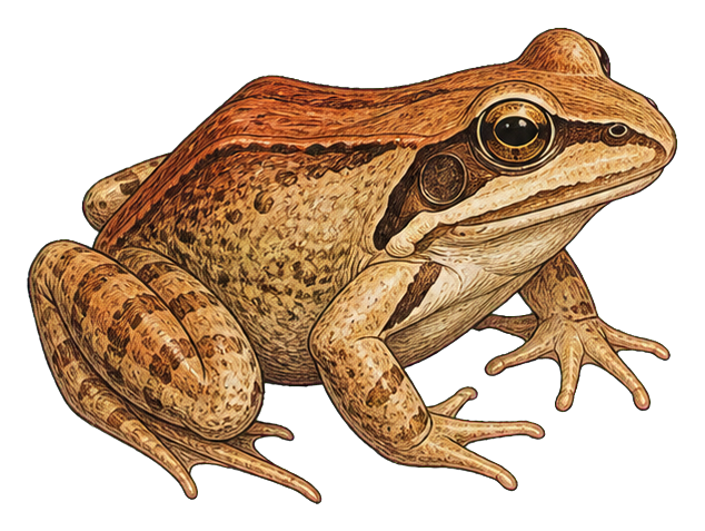 Vintage-style wood frog illustration in brown tones with detailed natural history styling.