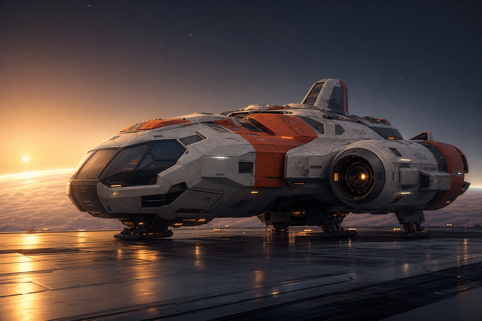 A futuristic rescue spacecraft parked on a reflective surface at sunrise.