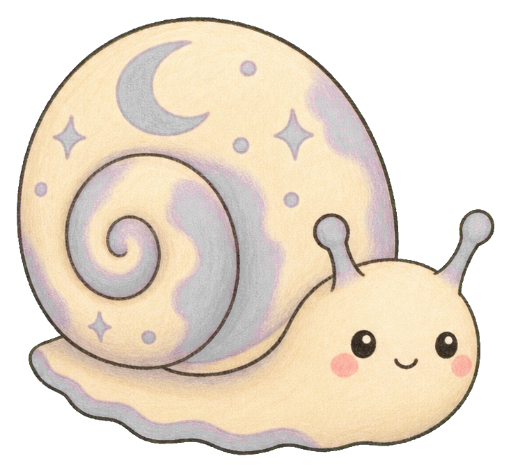 Cute kawaii moon snail with a crescent moon shell and rosy cheeks