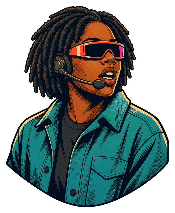 Illustrated hip hop singer with coral locs, sunglasses, and a headset microphone