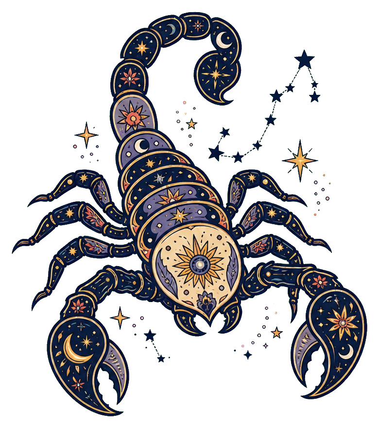 Decorative scorpion with moon, stars, and celestial patterns on its shell and claws