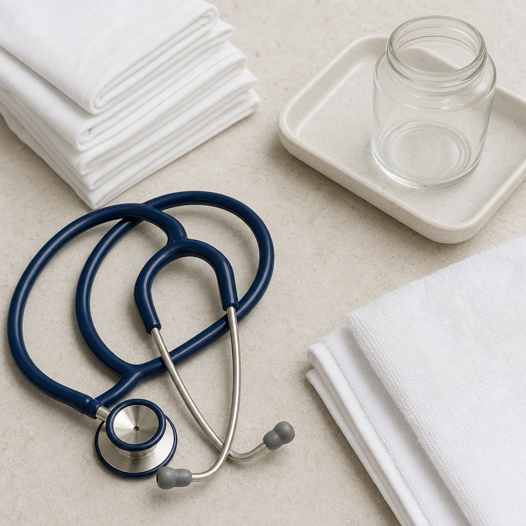 Folded white linens with a stethoscope and glass jar on a tray.