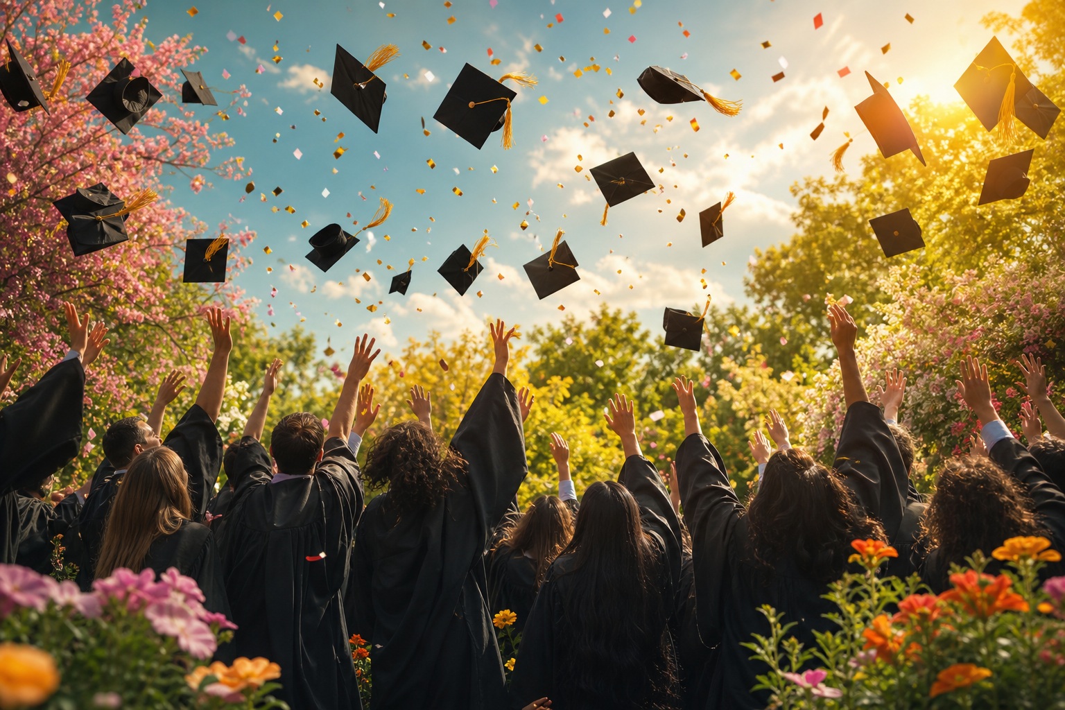 Graduates in cap and gown celebrating outdoors with confetti falling overhead