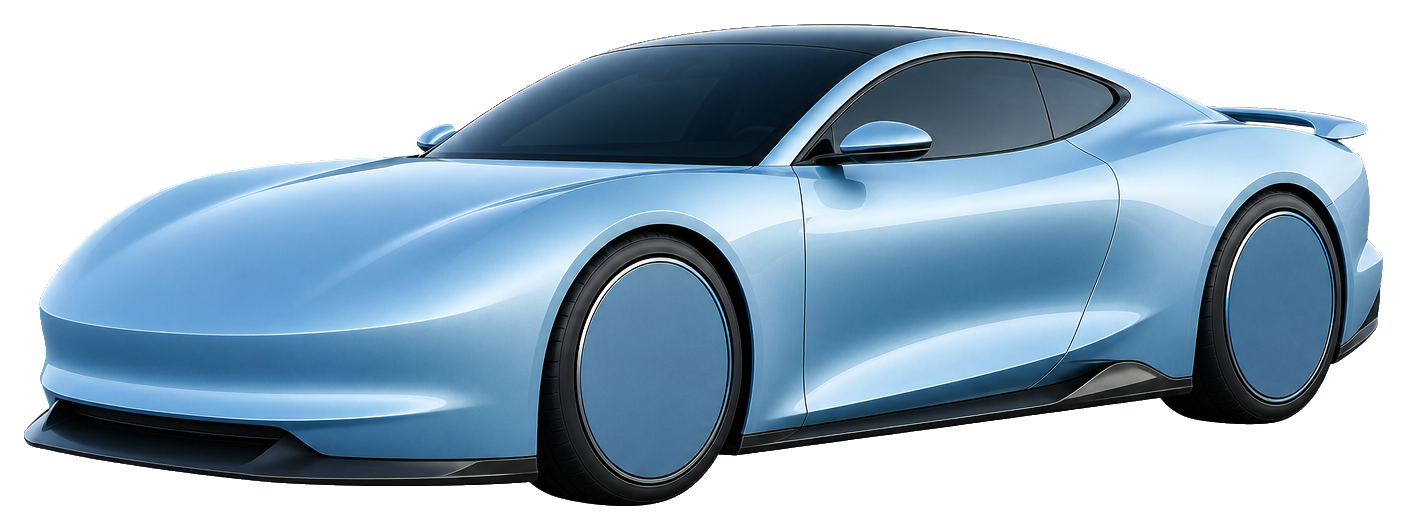 Blue graphite-style electric sports car seen in side view.