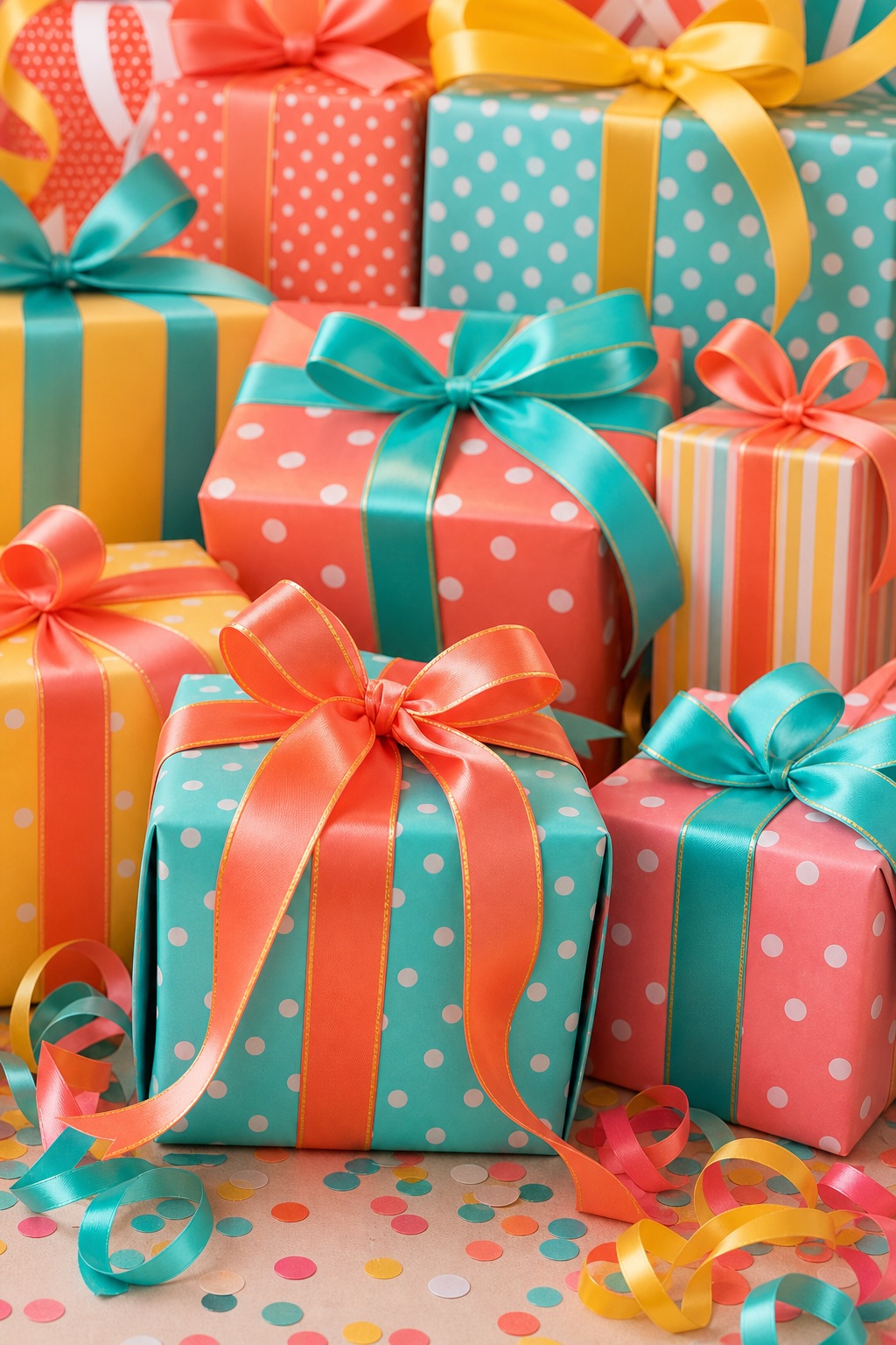 Colorful wrapped presents with ribbons, confetti dots, and party decorations