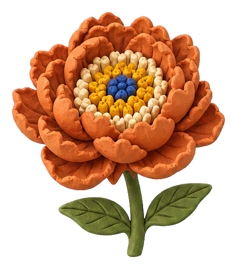 Orange terracotta-style peony flower with layered petals and green leaves.